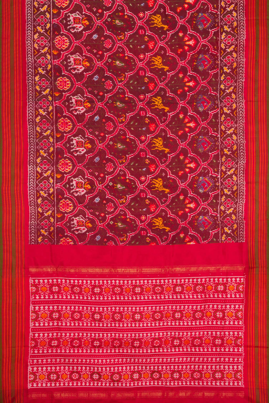 Flat view of Maroon Dual Tone Double Ikat Saree with Ikat Print on the body and Zari Border. 