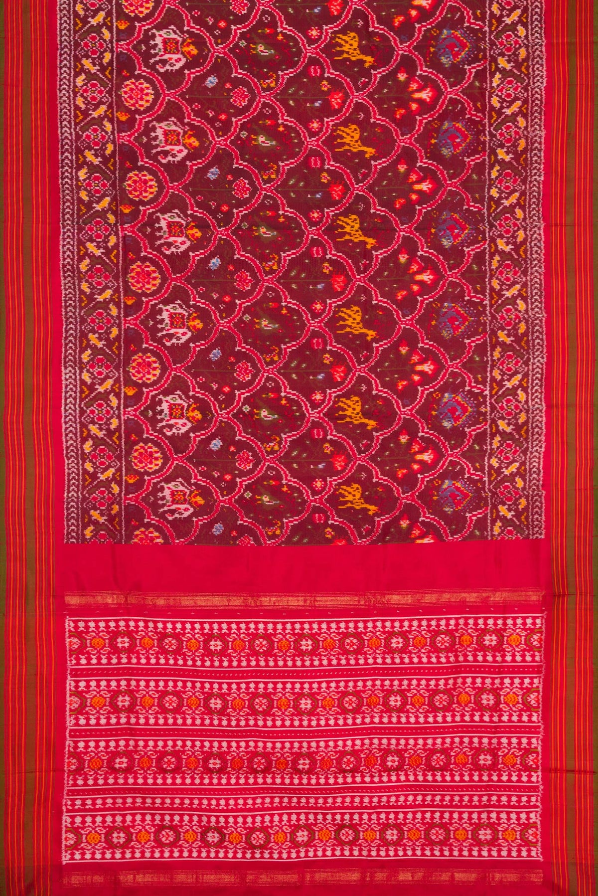 Flat view of Maroon Dual Tone Double Ikat Saree with Ikat Print on the body and Zari Border. 