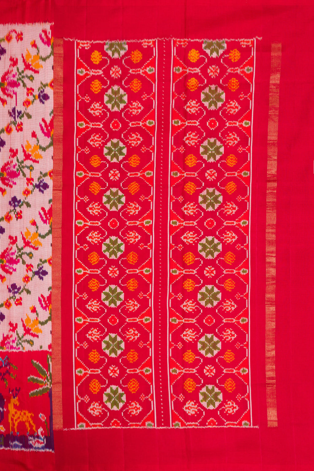 Close up image of the pallu of Pink Dual Tone Double Ikat Saree with Ikat Print on the body and Ikat Border. 
