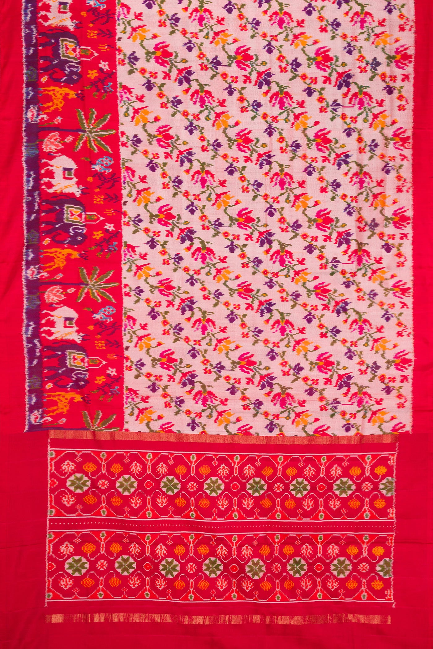 Flat view of Pink Dual Tone Double Ikat Saree with Ikat Print on the body and Ikat Border. 