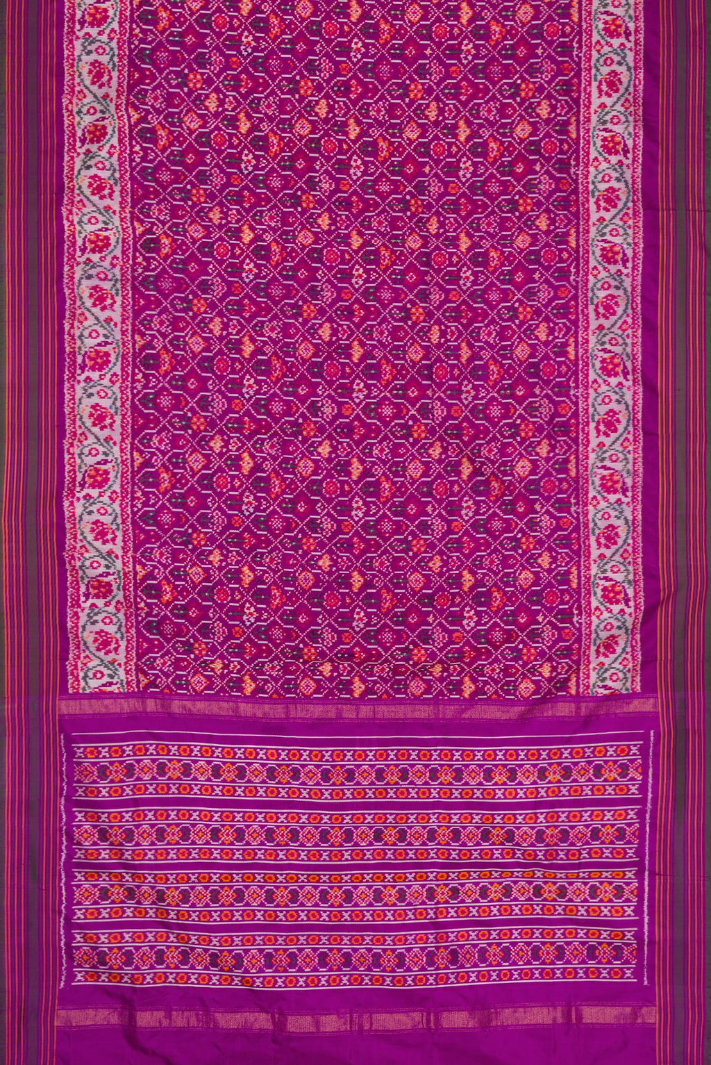 Flat view of Purple Dual Tone Double Ikat Saree with Ikat Print on the body and Zari Border. 