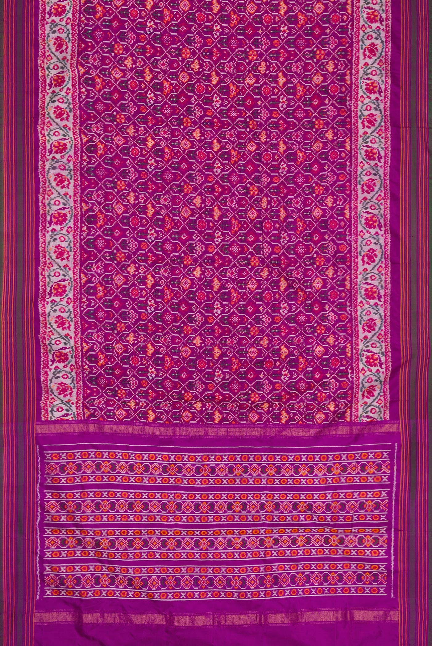 Flat view of Purple Dual Tone Double Ikat Saree with Ikat Print on the body and Zari Border. 