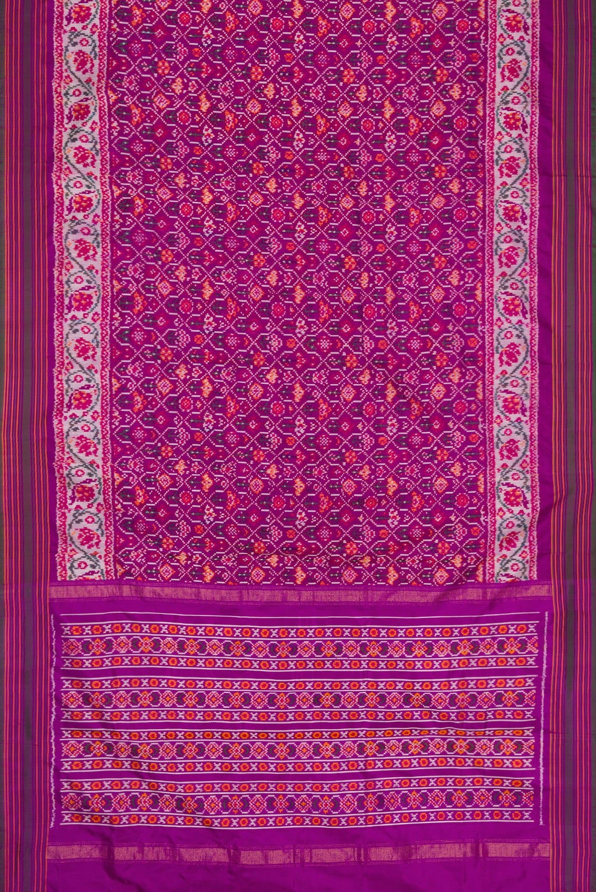 Flat view of Purple Dual Tone Double Ikat Saree with Ikat Print on the body and Zari Border. 