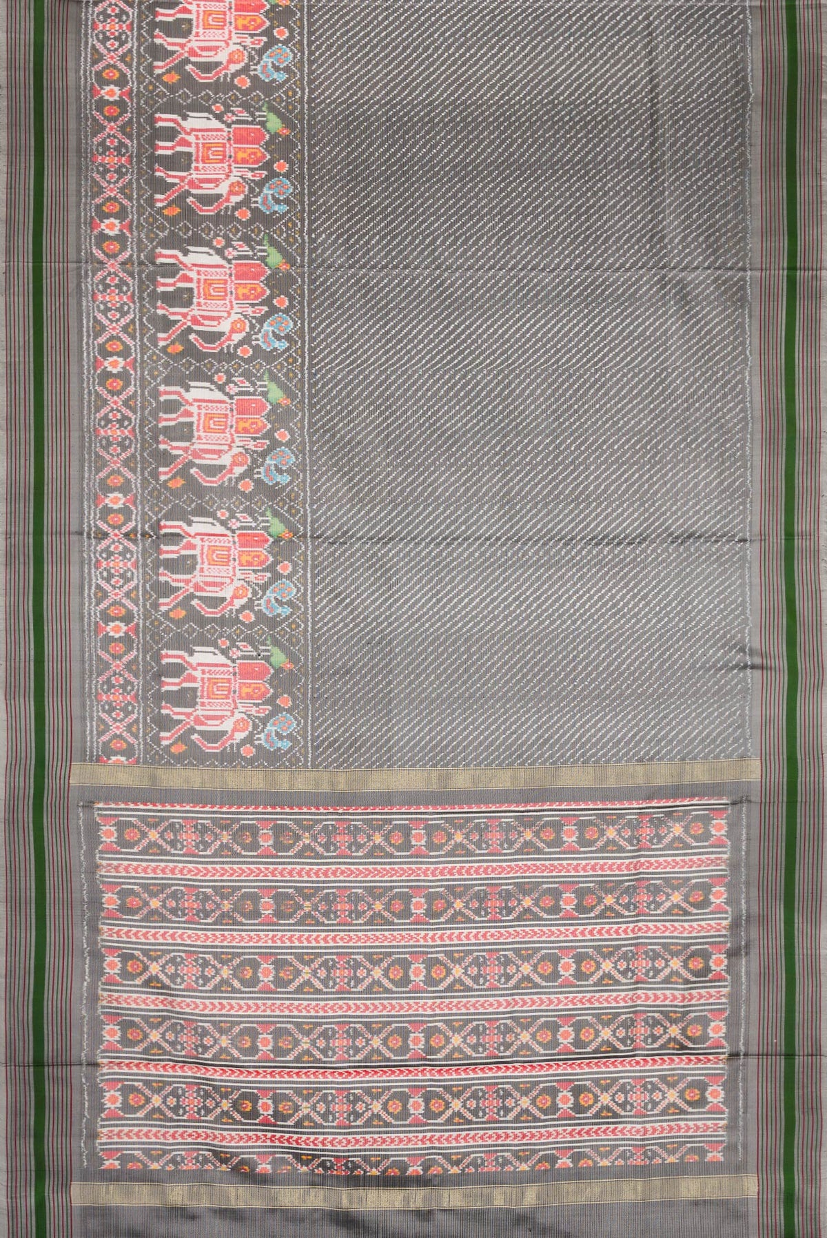 Flat view of Grey Dual Tone Double Ikat Saree with Ikat Print on the body and Ikat Border. 