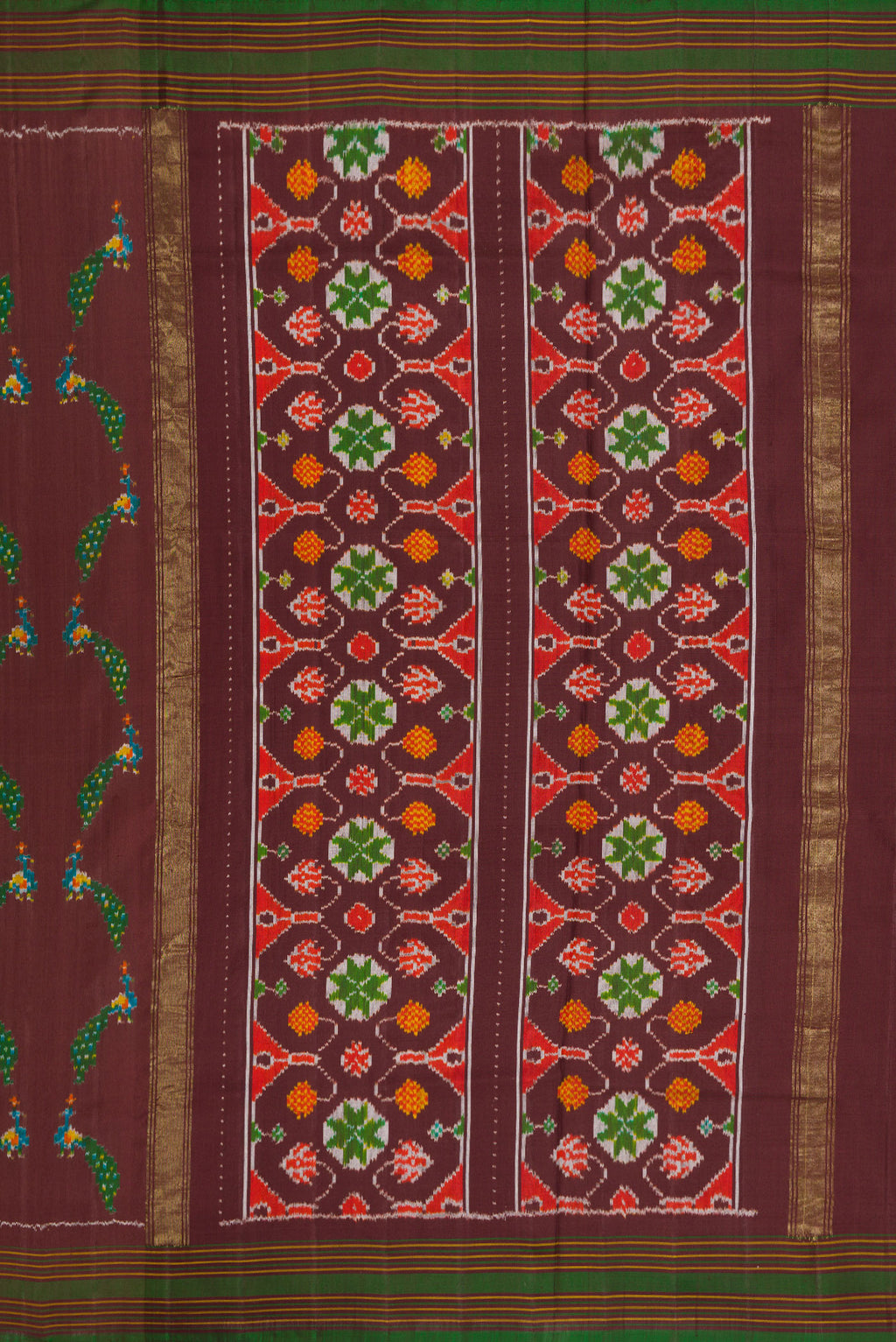 Close up image of the pallu of Brown Dual Tone Double Ikat Saree with Ikat Print on the body and Thread Border. 