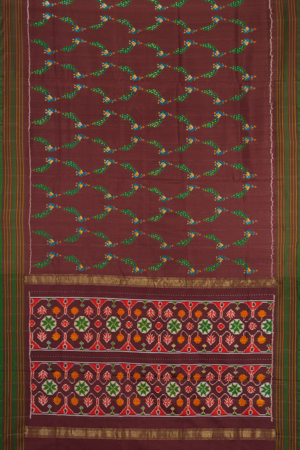 Flat view of Brown Dual Tone Double Ikat Saree with Ikat Print on the body and Thread Border. 