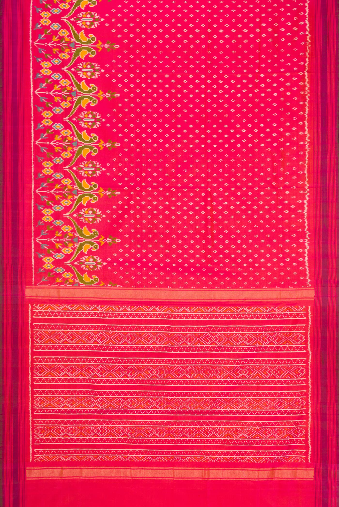 Flat view of Pink Dual Tone Double Ikat Saree with Ikat Print on the body and Ikat Border. 