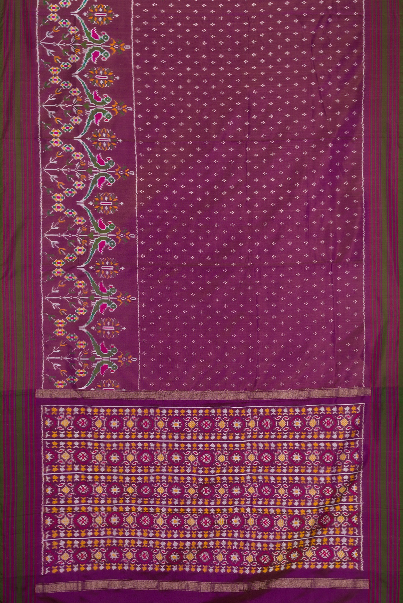 Flat view of Purple Dual Tone Double Ikat Saree with Ikat Print on the body and Zari Border. 