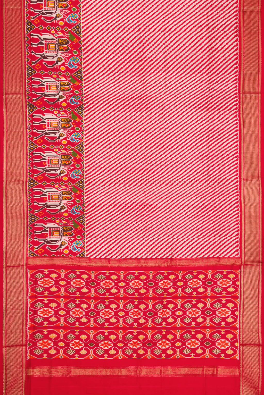 Flat view of Red Dual Tone Double Ikat Saree with Ikat Print on the body and Zari Border. 