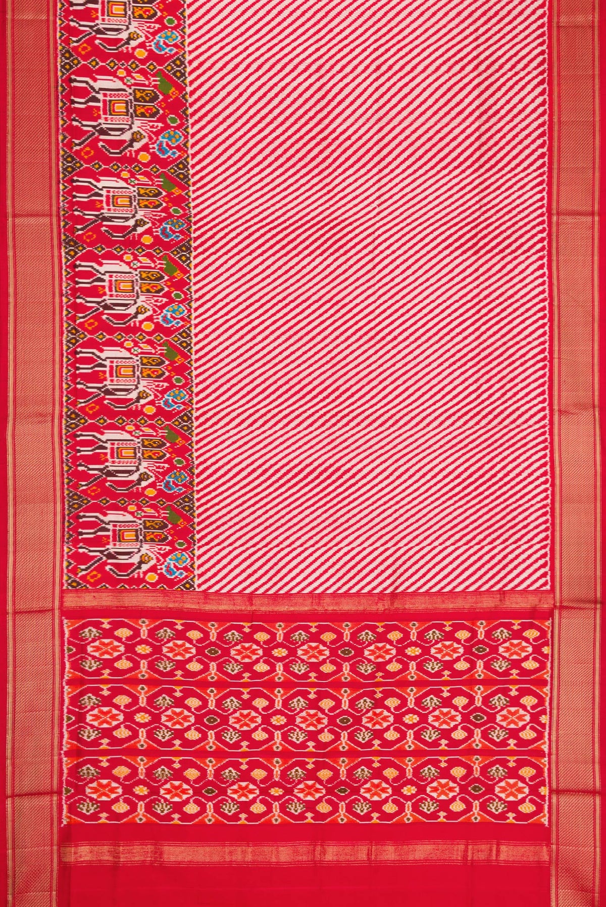 Flat view of Red Dual Tone Double Ikat Saree with Ikat Print on the body and Zari Border. 