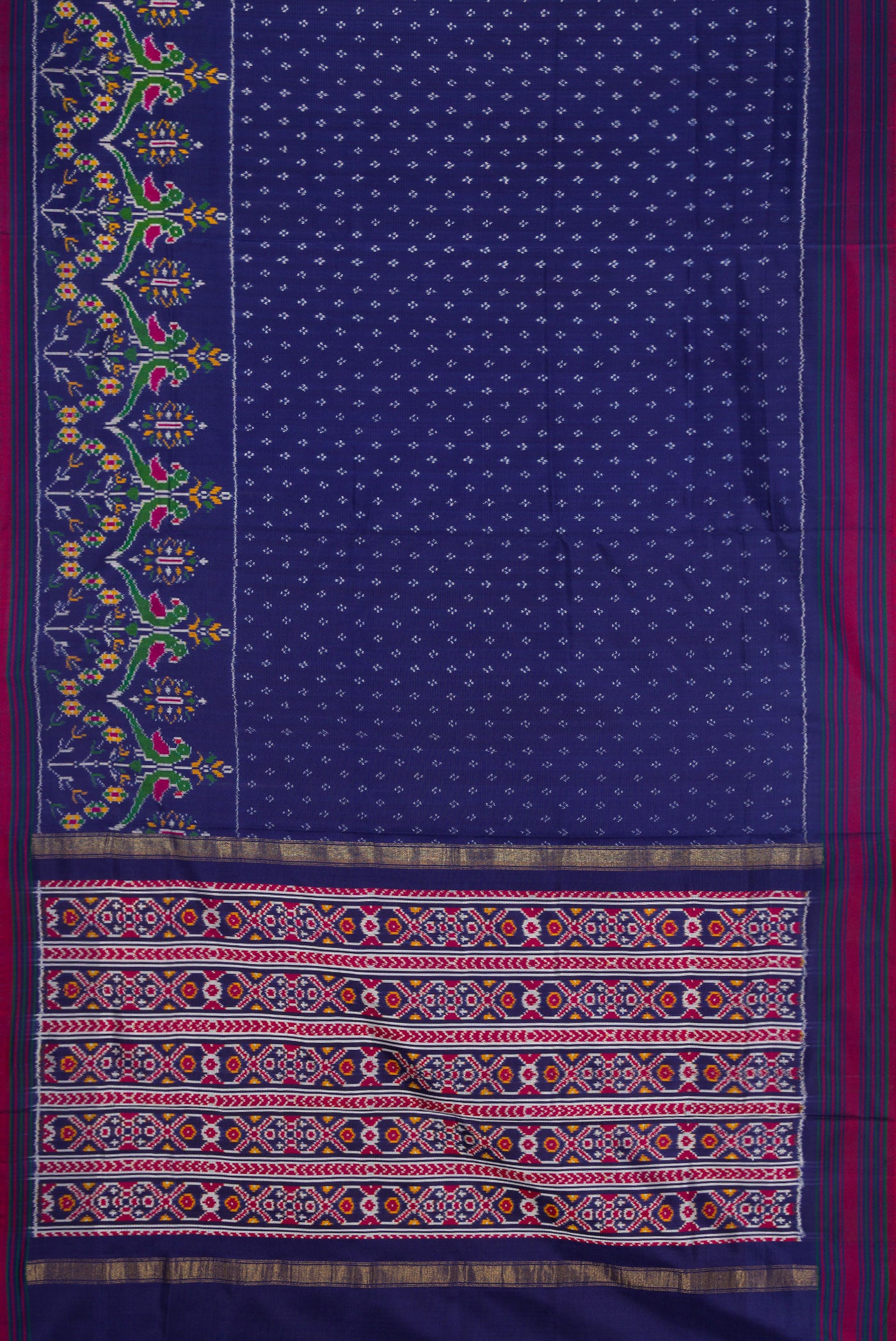 Flat view of Navy Blue Dual Tone Double Ikat Saree with Ikat Print on the body and Ikat Border. 