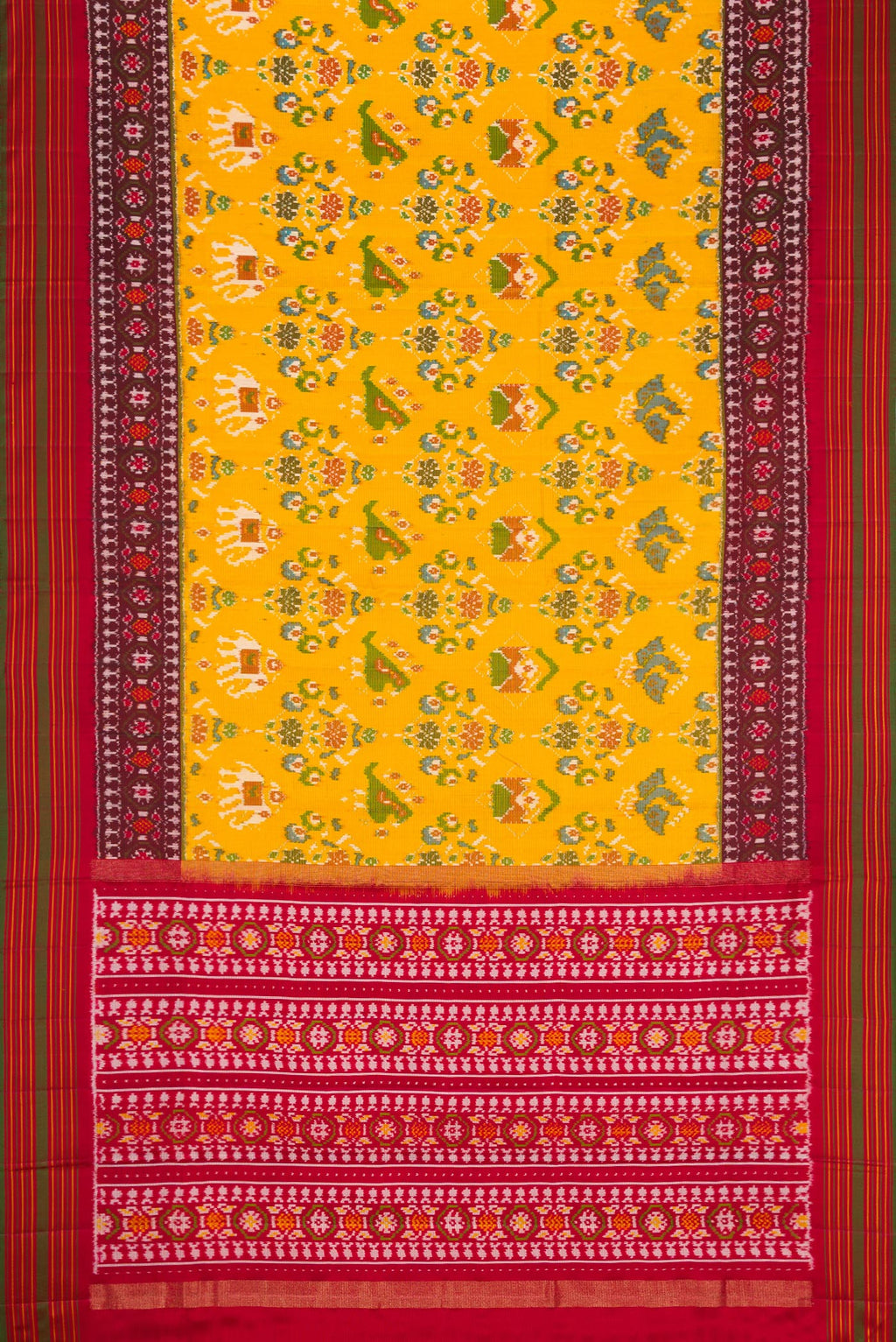 Flat view of Mustard Dual Tone Double Ikat Saree with Ikat Print on the body and Ikat Border. 