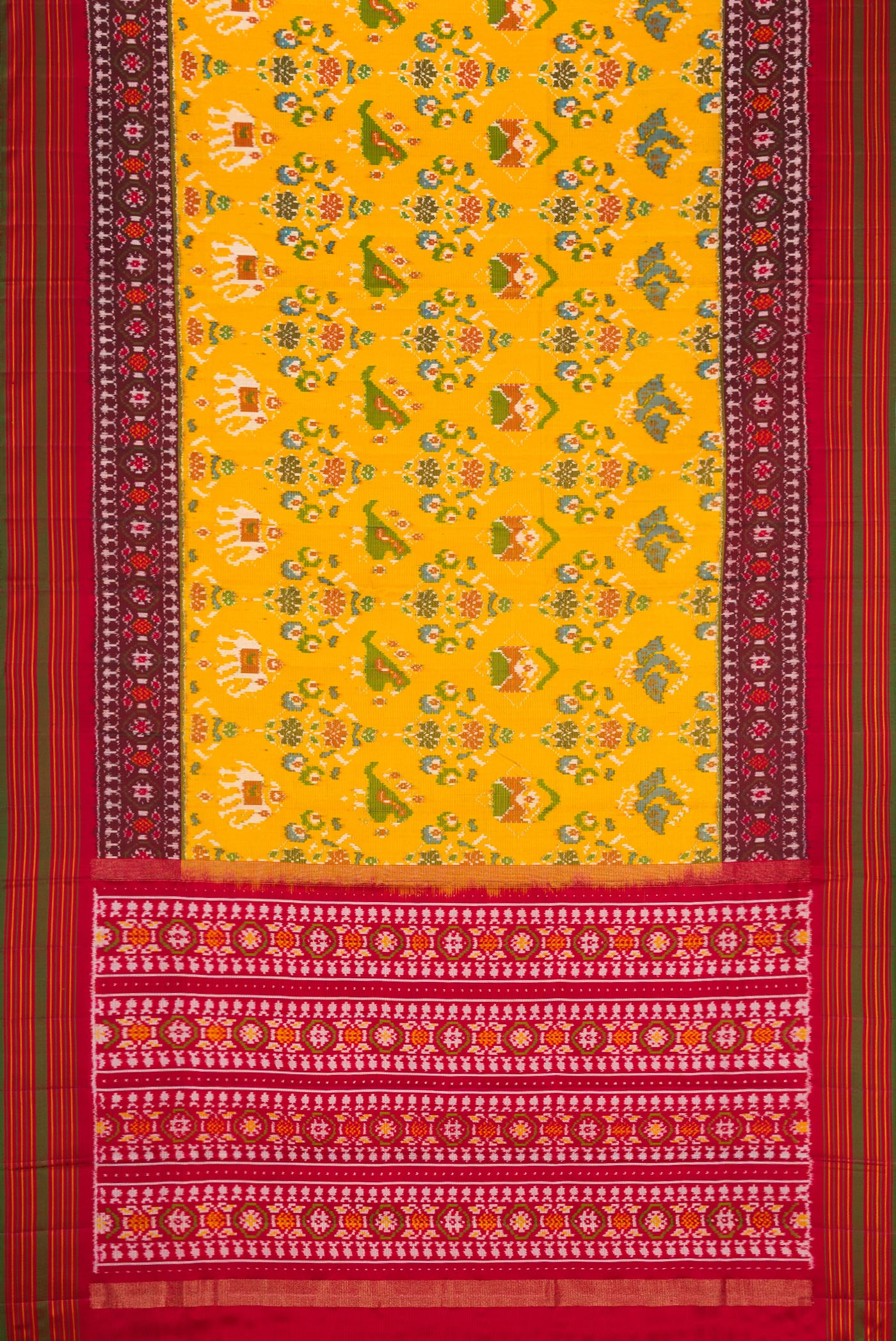 Flat view of Mustard Dual Tone Double Ikat Saree with Ikat Print on the body and Ikat Border. 