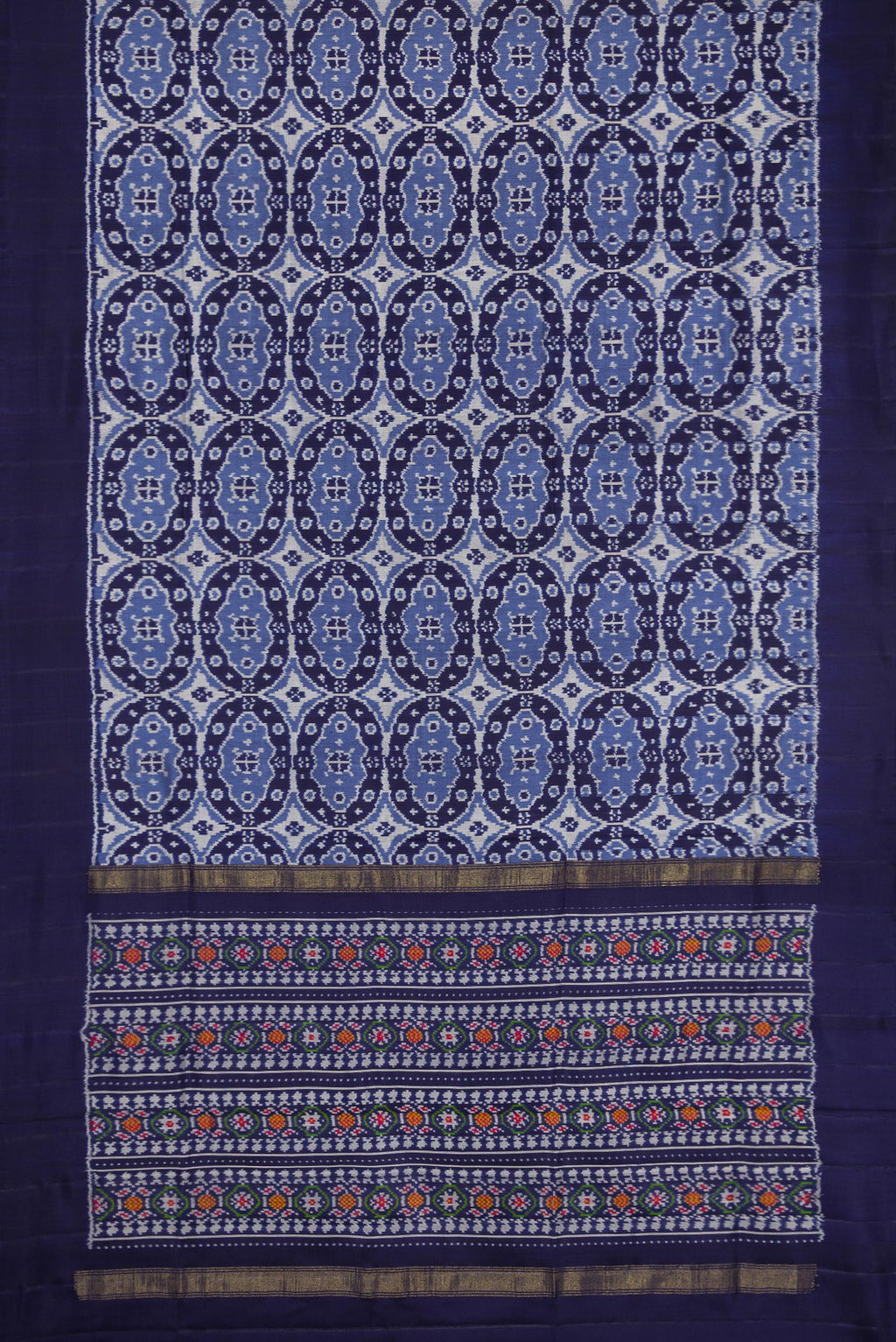 Flat view of Navy Blue Dual Tone Double Ikat Saree with Ikat Print on the body and Plain Border. 