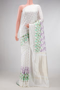 Off White Dual Tone Double Ikat Saree with Ikat Print on the body and Ikat Border.  displayed on a mannequin