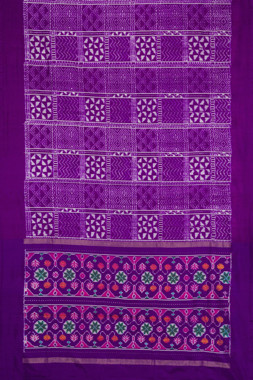 Flat view of Violet Dual Tone Double Ikat Saree with Ikat Print on the body and Plain Border. 