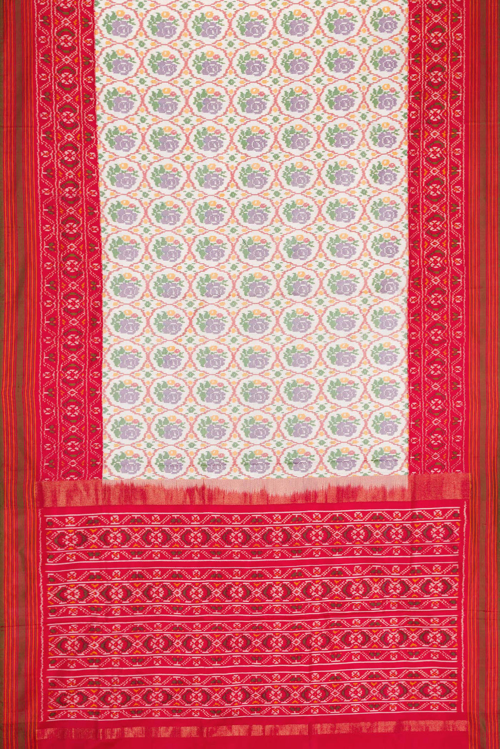 Flat view of Off White Dual Tone Double Ikat Saree with Ikat Print on the body and Ikat Border. 