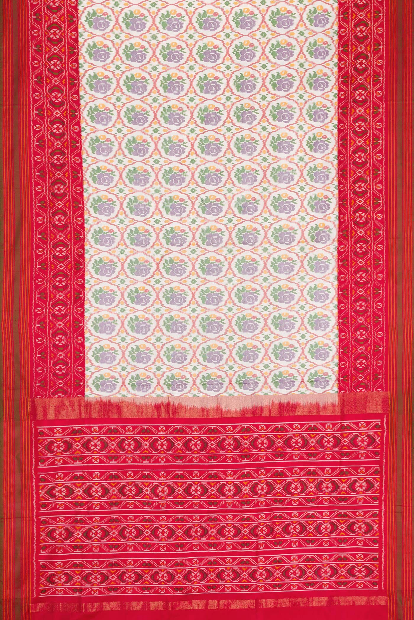 Flat view of Off White Dual Tone Double Ikat Saree with Ikat Print on the body and Ikat Border. 