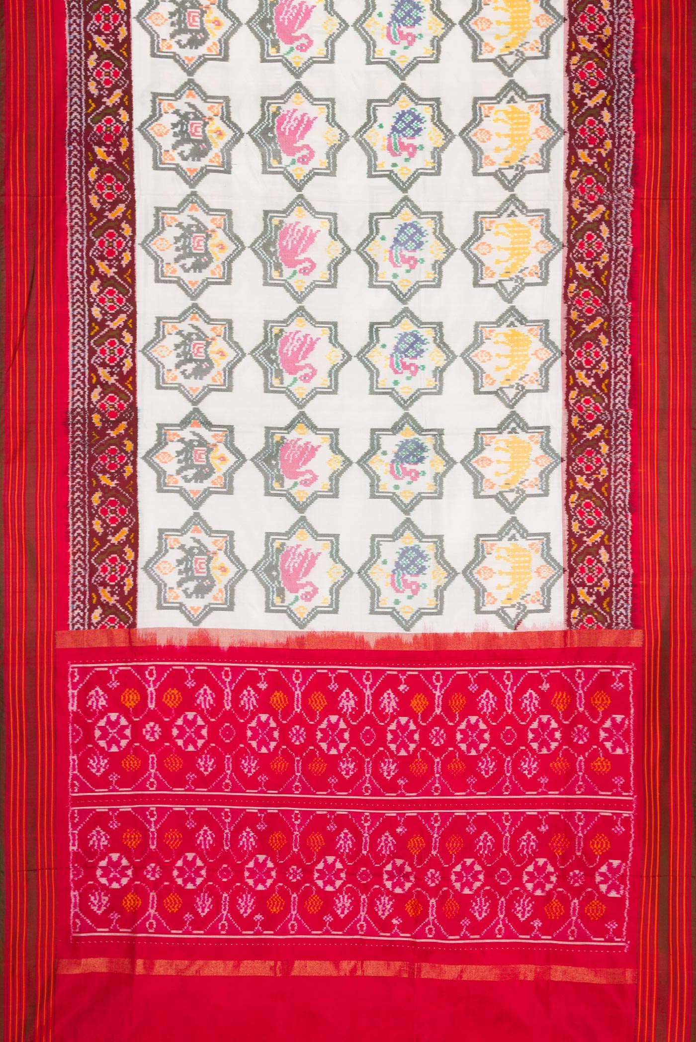 Flat view of Off White Dual Tone Double Ikat Saree with Ikat Print on the body and Ikat Border. 