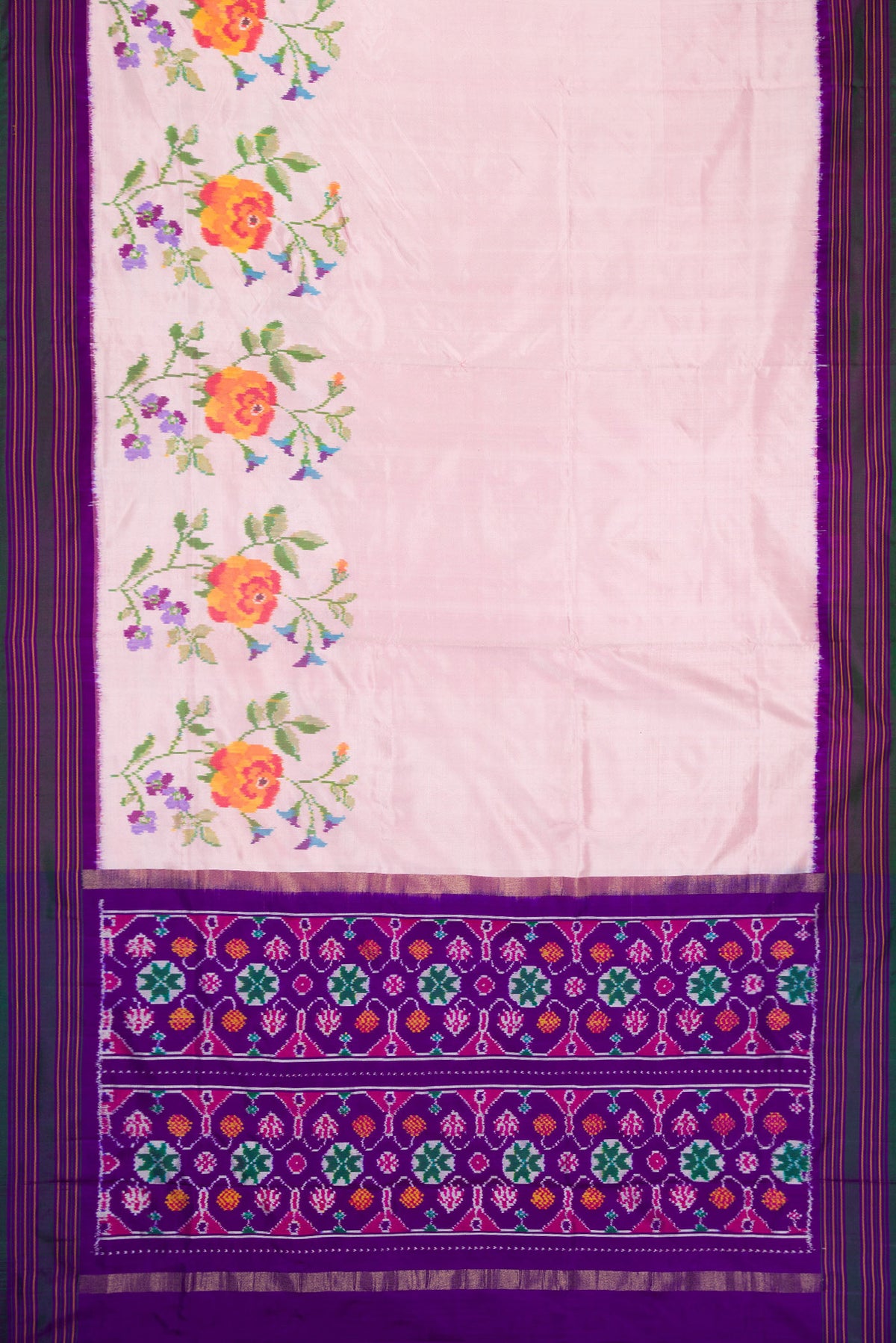 Flat view of Pink Dual Tone Double Ikat Saree with Plain Body and Ikat Border. 