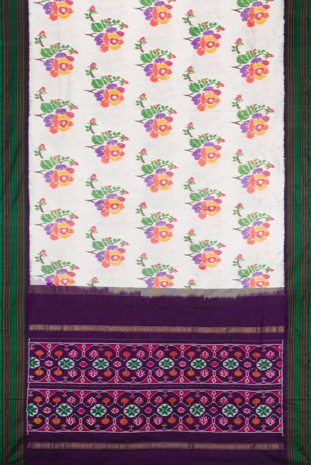 Flat view of Off White Dual Tone Double Ikat Saree with Ikat Print on the body and Zari Border. 