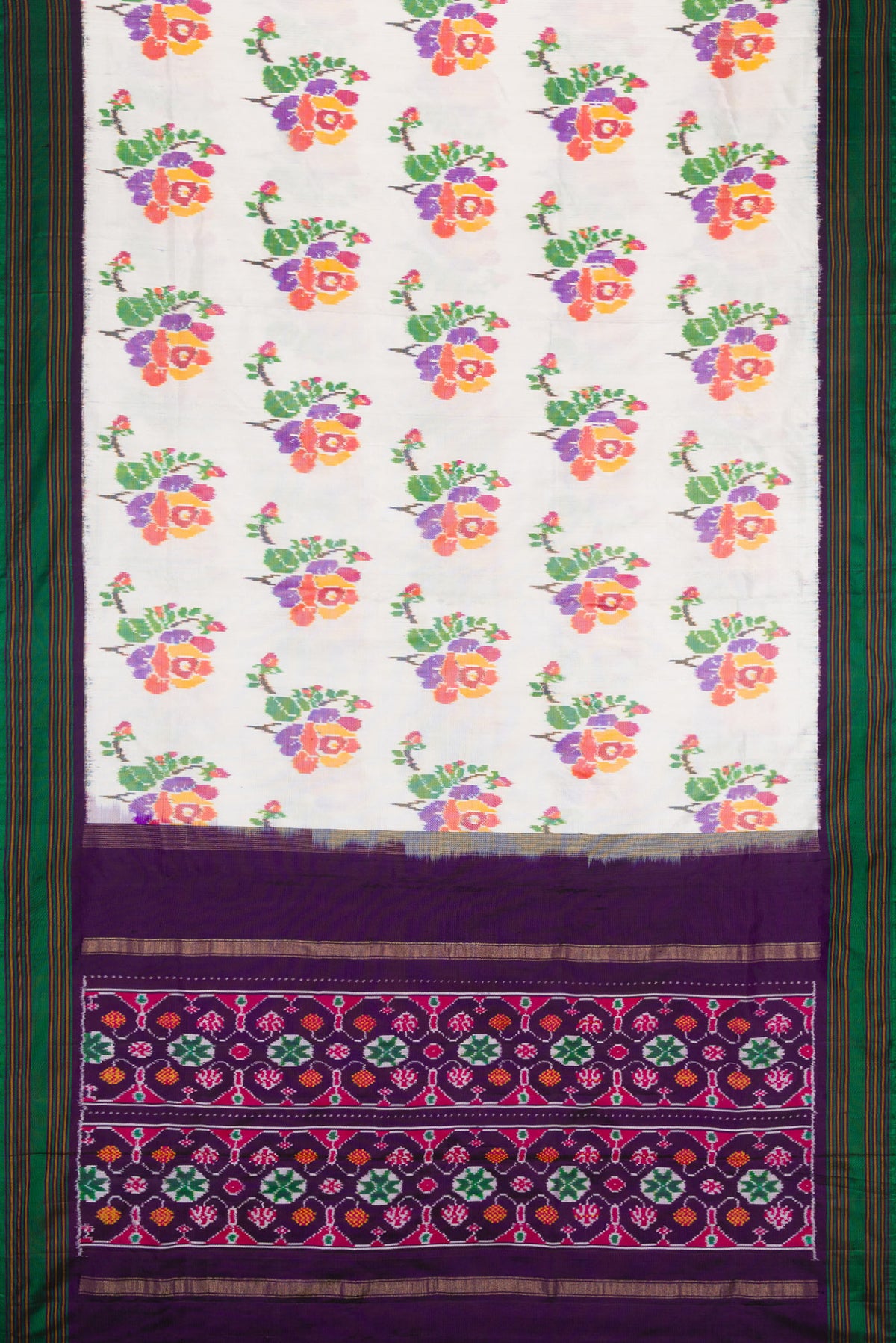 Flat view of Off White Dual Tone Double Ikat Saree with Ikat Print on the body and Zari Border. 