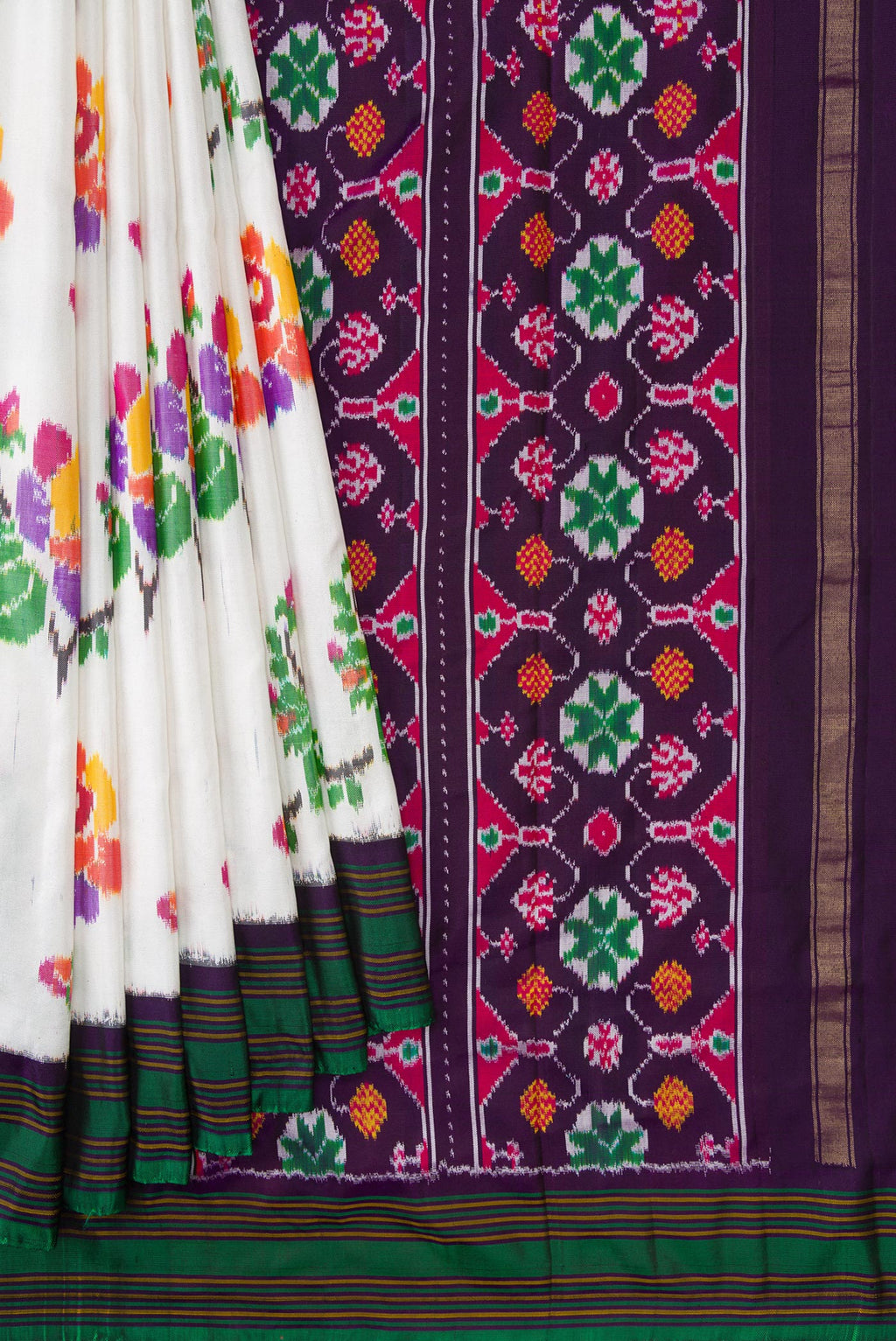 Pleats and pallu of Off White Dual Tone Double Ikat Saree with Ikat Print on the body and Zari Border. 