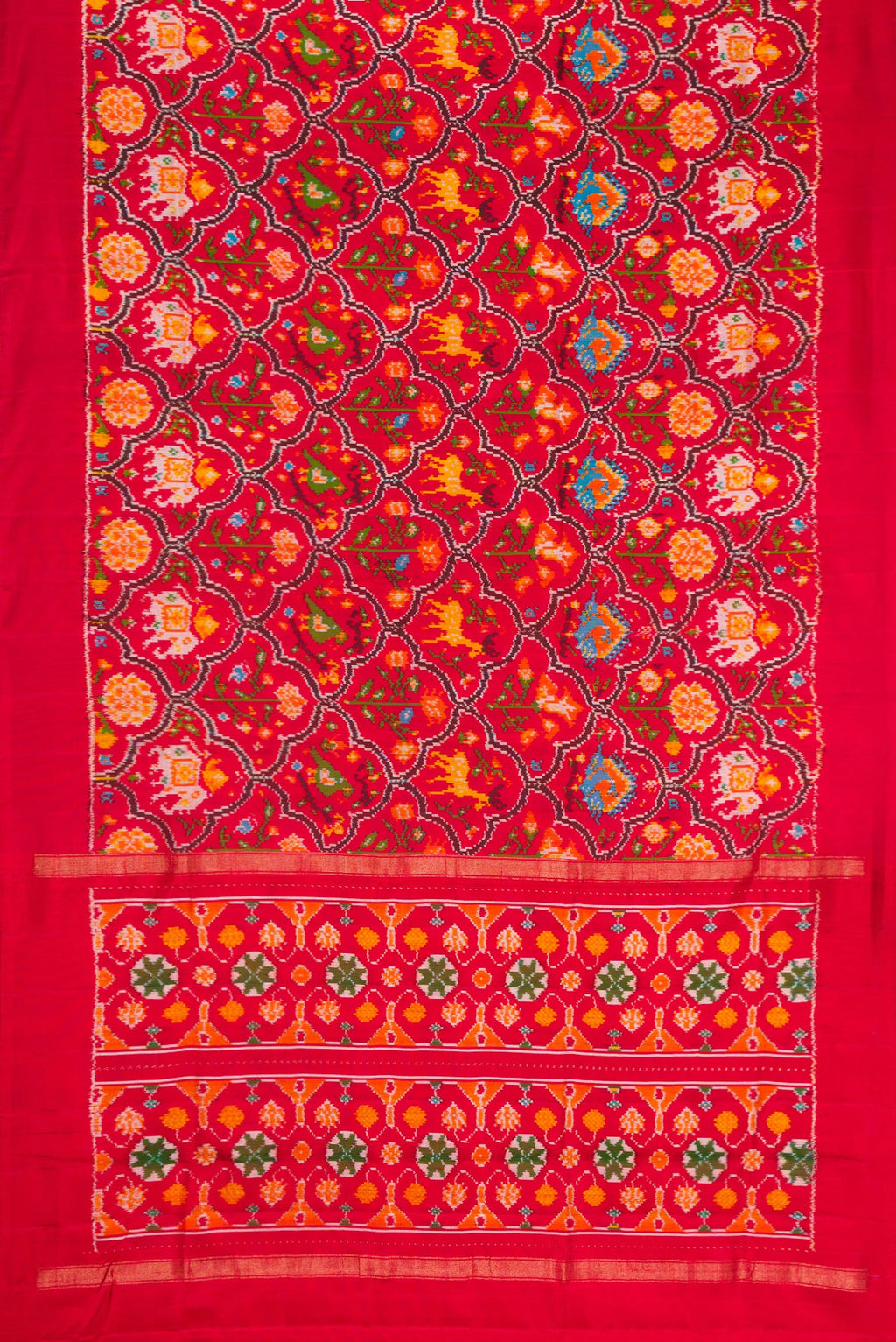 Flat view of Red Dual Tone Double Ikat Saree with Ikat Print on the body and Plain Border. 