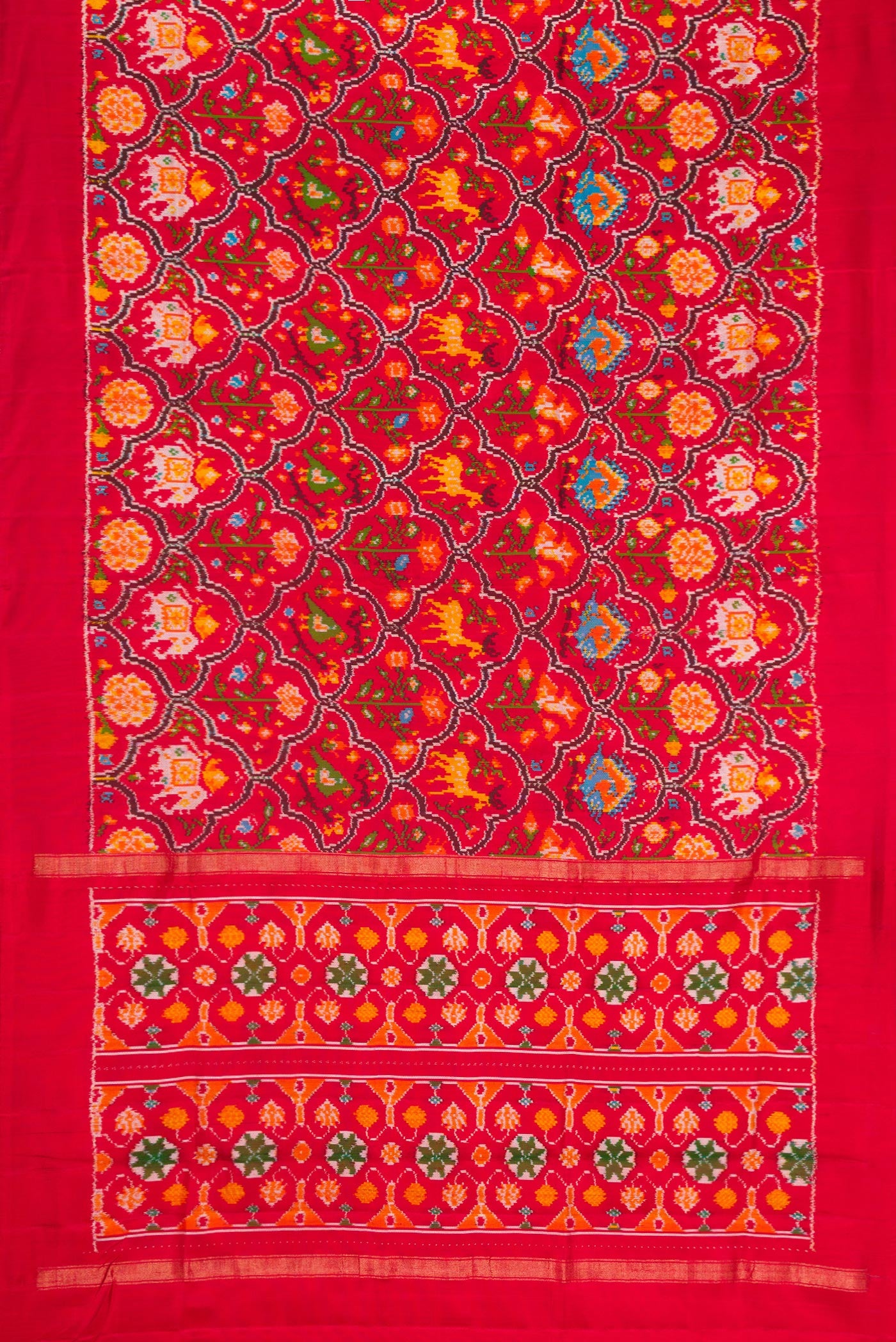 Flat view of Red Dual Tone Double Ikat Saree with Ikat Print on the body and Plain Border. 