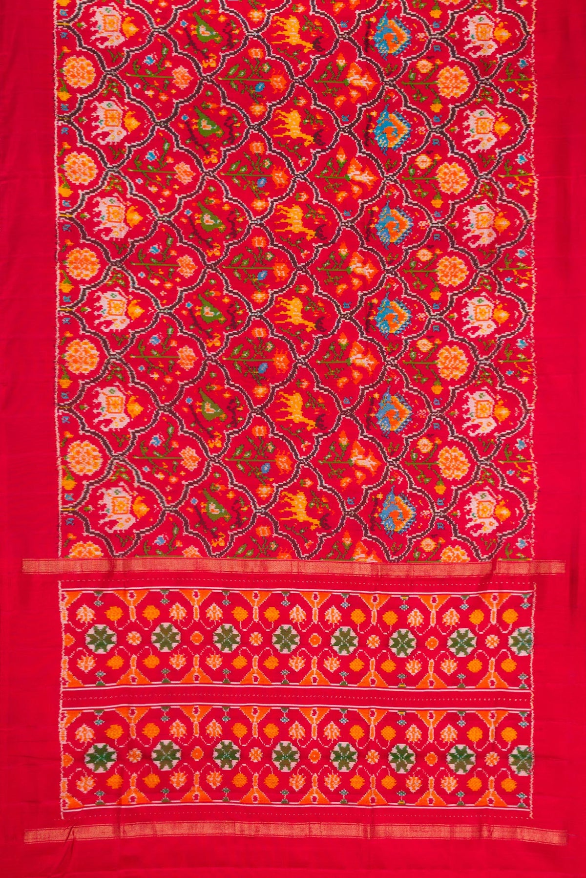Flat view of Red Dual Tone Double Ikat Saree with Ikat Print on the body and Plain Border. 