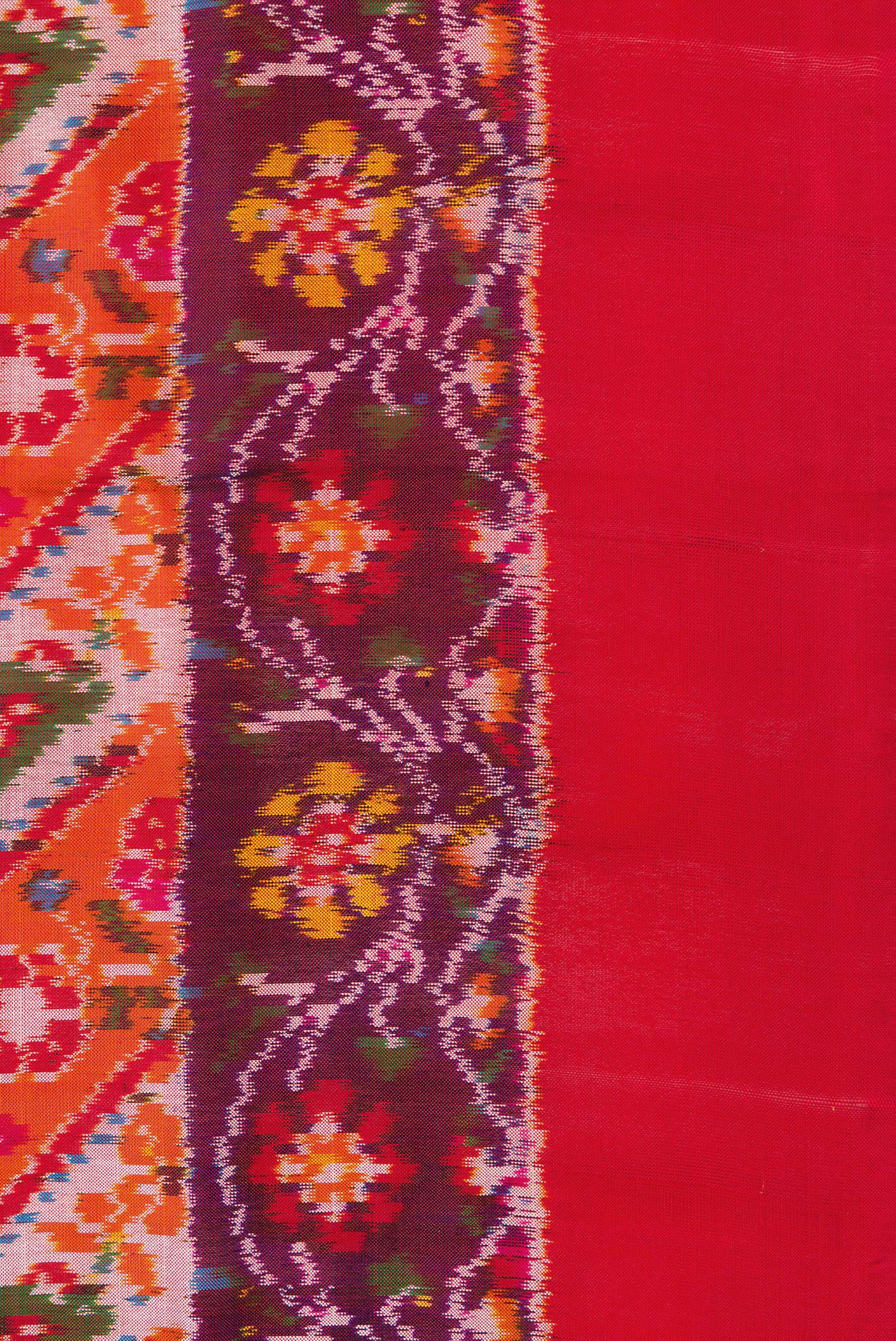Border image of Brick Orange Dual Tone Double Ikat Saree with Ikat Print on the body and Ikat Border. 