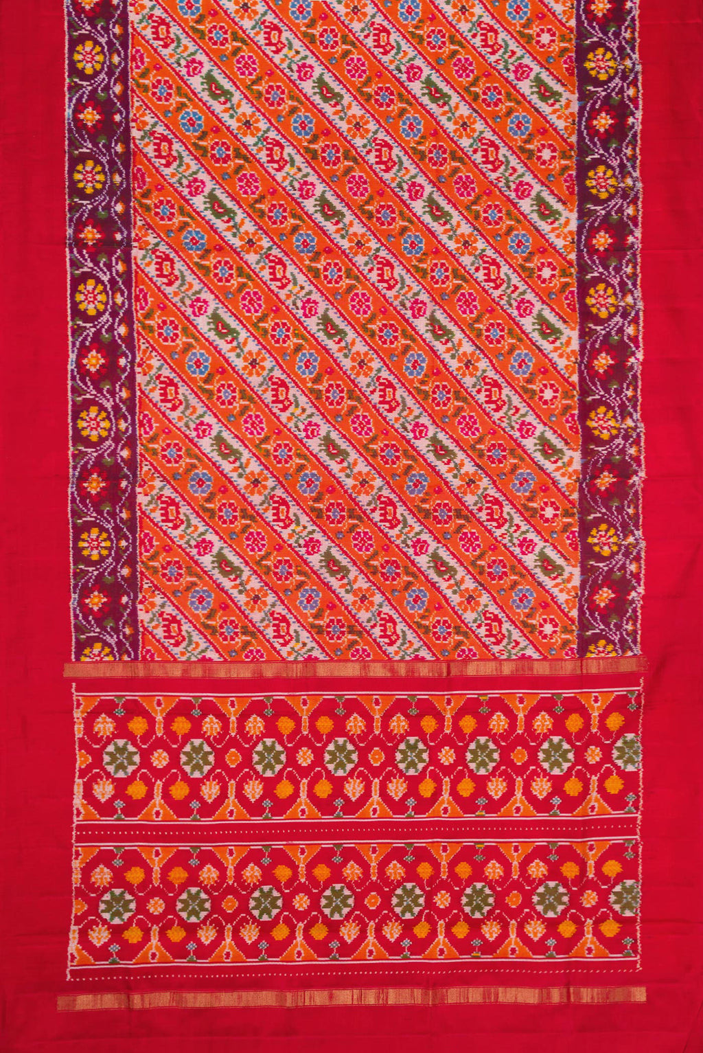 Flat view of Brick Orange Dual Tone Double Ikat Saree with Ikat Print on the body and Ikat Border. 