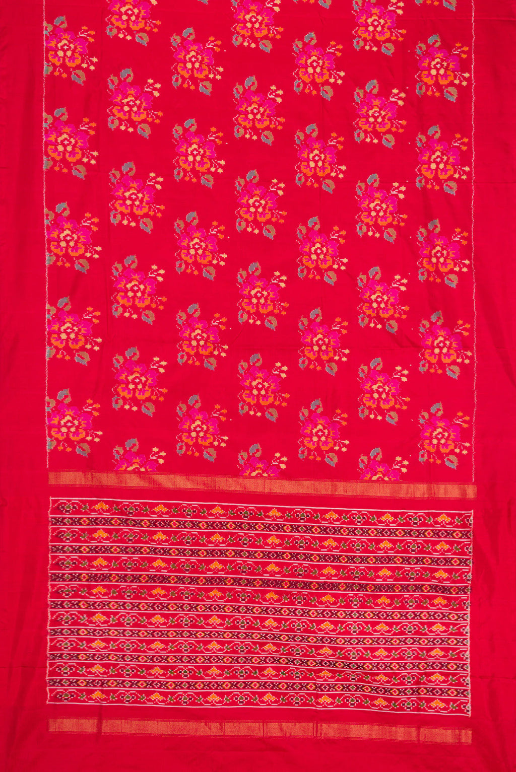 Flat view of Red Dual Tone Double Ikat Saree with Ikat Print on the body and Zari Border. 