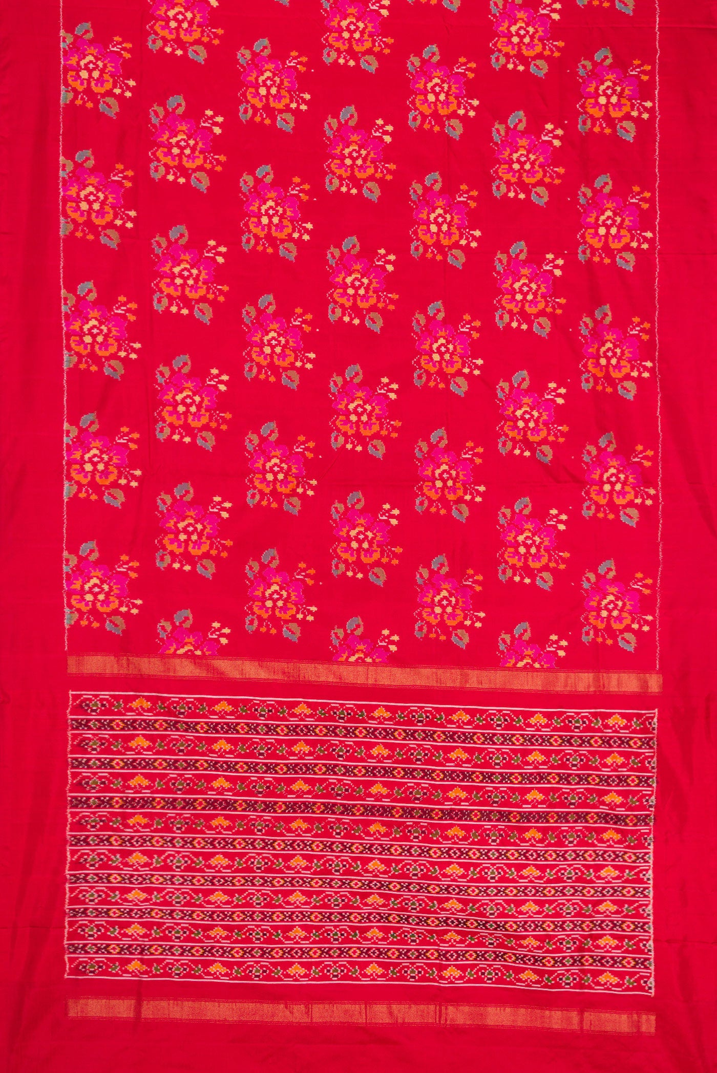 Flat view of Red Dual Tone Double Ikat Saree with Ikat Print on the body and Zari Border. 