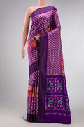 Purple Dual Tone Double Ikat Saree with Ikat Print on the body and Thread Border.  displayed on a mannequin