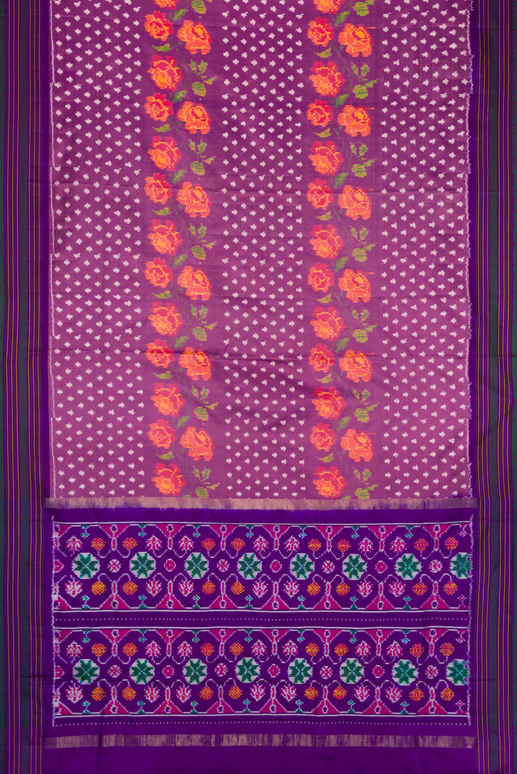 Flat view of Purple Dual Tone Double Ikat Saree with Ikat Print on the body and Thread Border. 