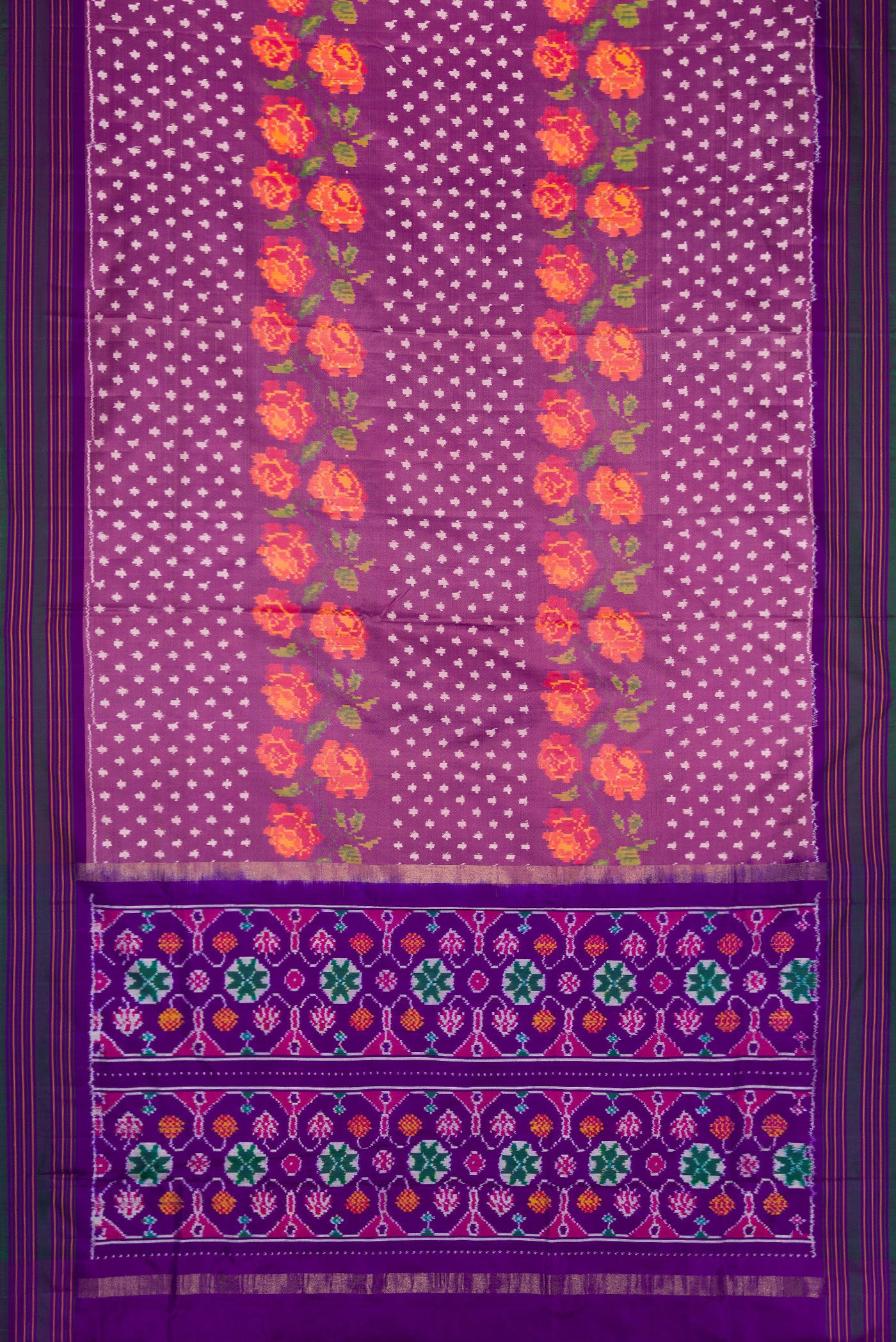 Flat view of Purple Dual Tone Double Ikat Saree with Ikat Print on the body and Thread Border. 