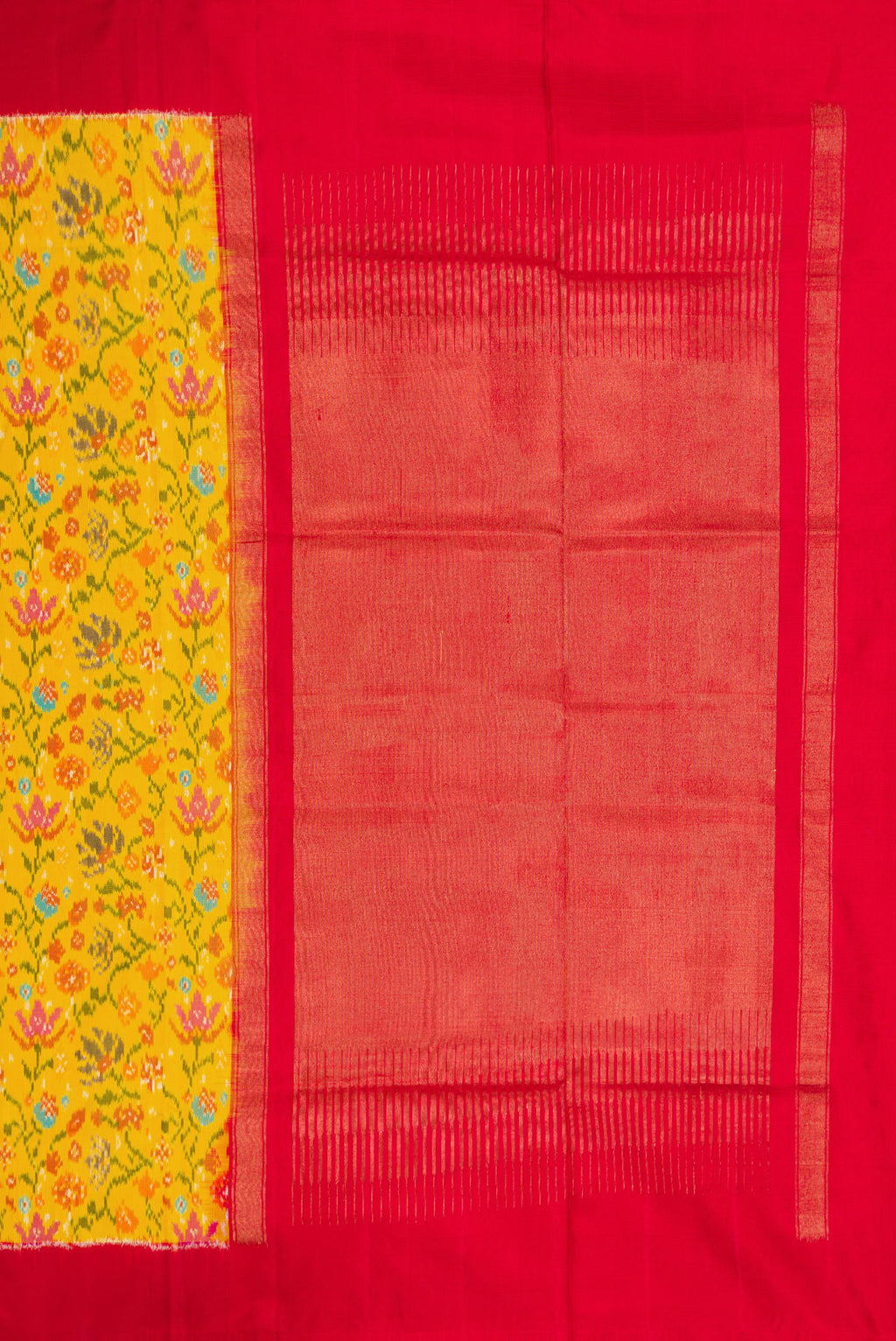 Close up image of the pallu of Yellow Dual Tone Double Ikat Saree with Ikat Print on the body and Plain Border. 