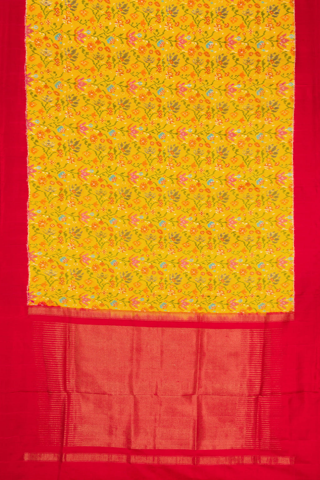 Flat view of Yellow Dual Tone Double Ikat Saree with Ikat Print on the body and Plain Border. 