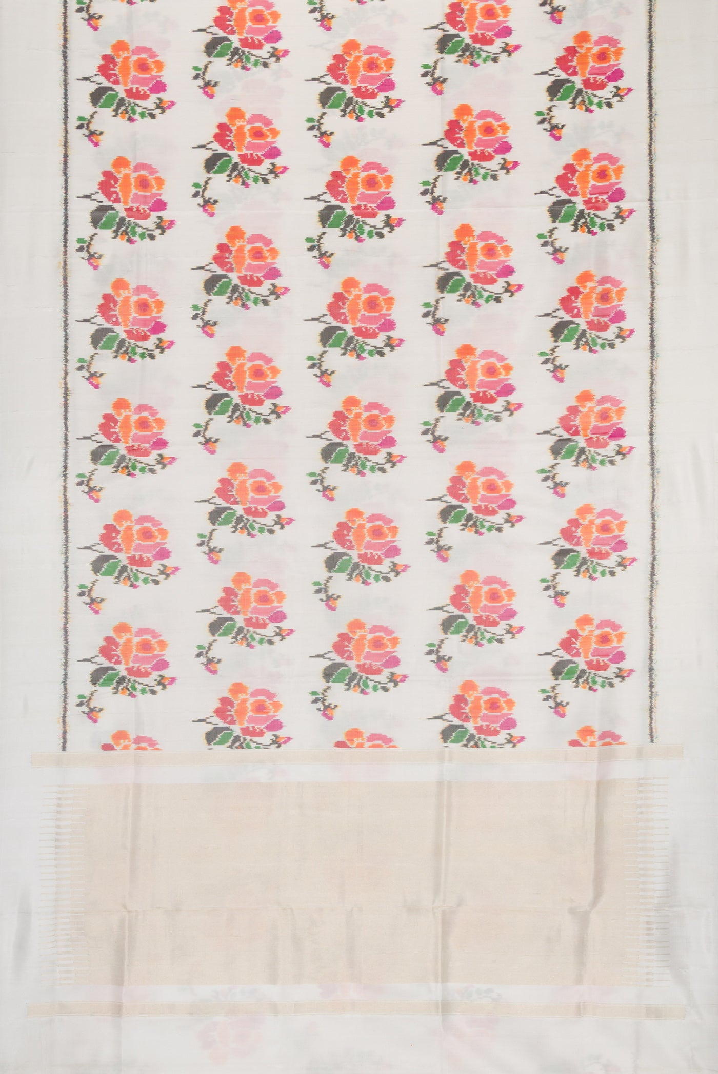 Flat view of Off White Dual Tone Double Ikat Saree with Ikat Print on the body and Plain Border. 