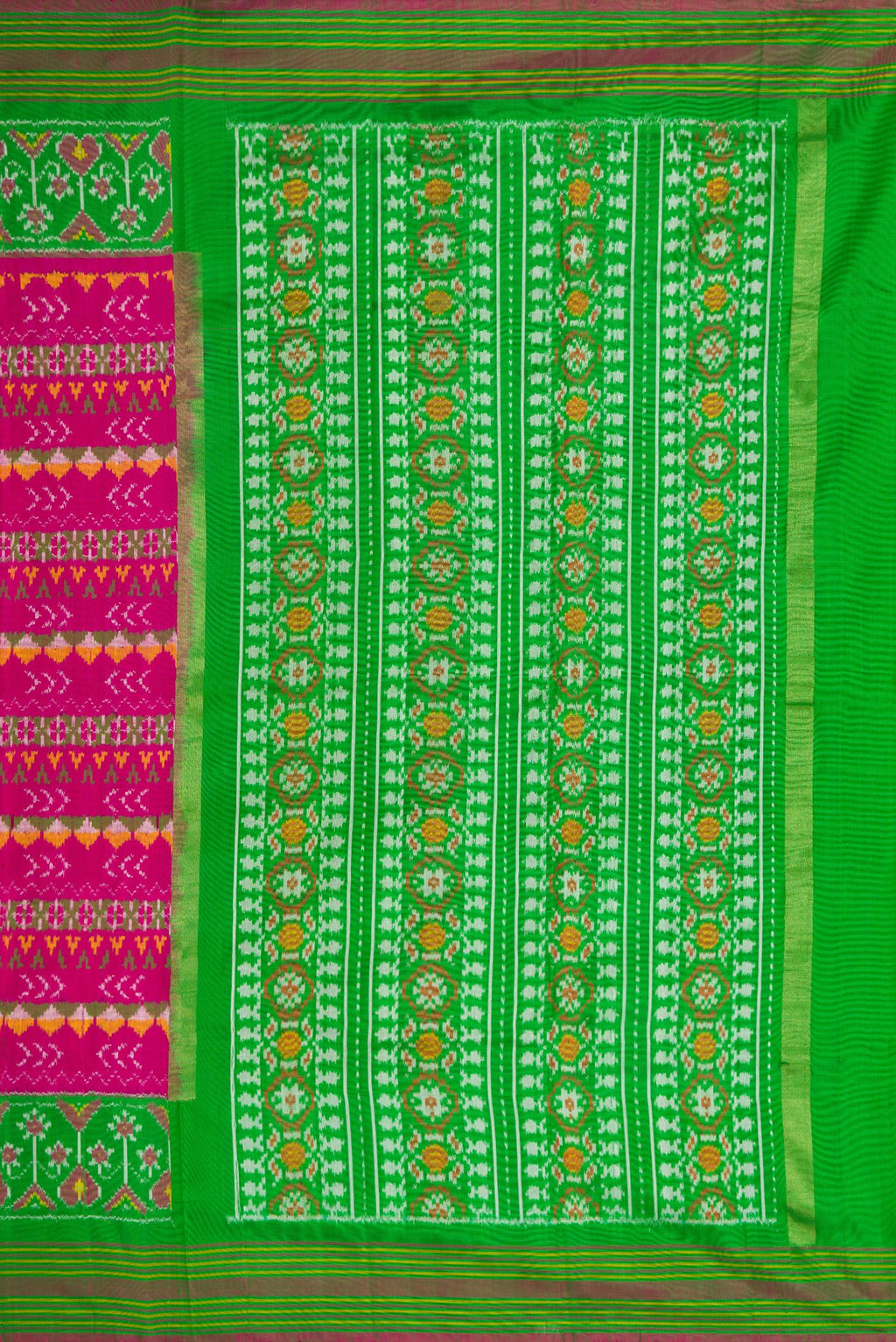 Close up image of the pallu of Pink Dual Tone Double Ikat Saree with Ikat Print on the body and Ikat Border. 