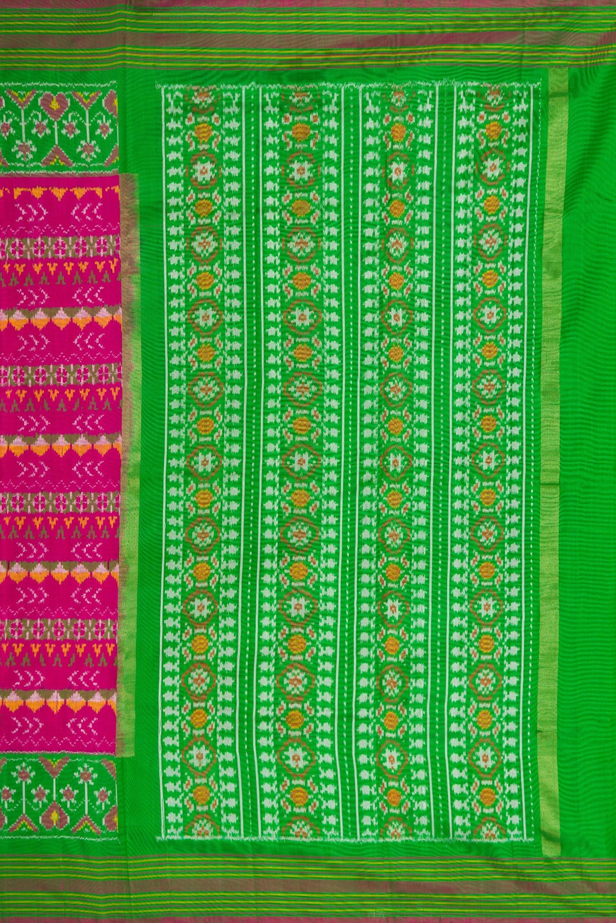 Close up image of the pallu of Pink Dual Tone Double Ikat Saree with Ikat Print on the body and Ikat Border. 