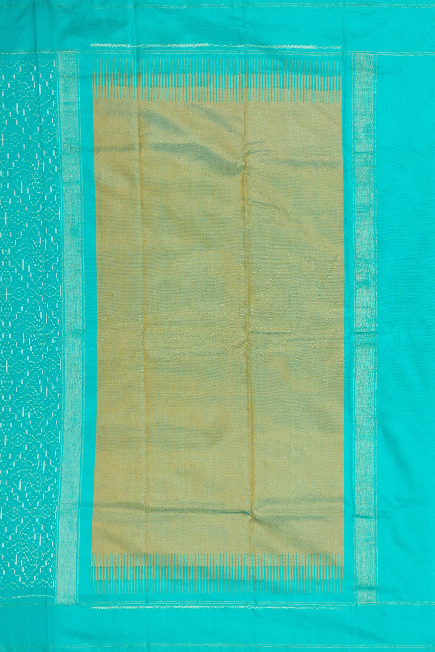 Close up image of the pallu of Sea Green Dual Tone Double Ikat Saree with Ikat Print on the body and Zari Border. 