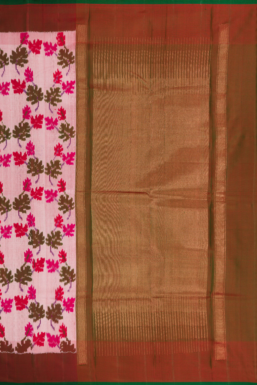 Close up image of the pallu of Pink Dual Tone Double Ikat Saree with Ikat Print on the body and Zari Border. 