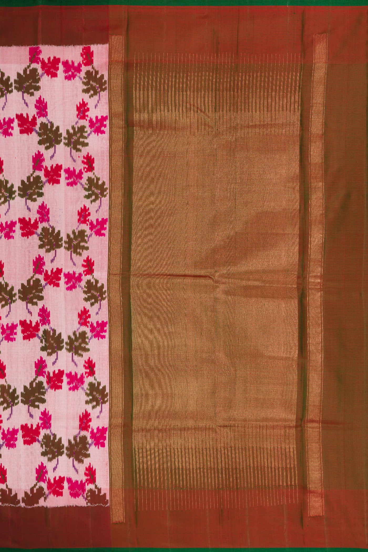 Close up image of the pallu of Pink Dual Tone Double Ikat Saree with Ikat Print on the body and Zari Border. 
