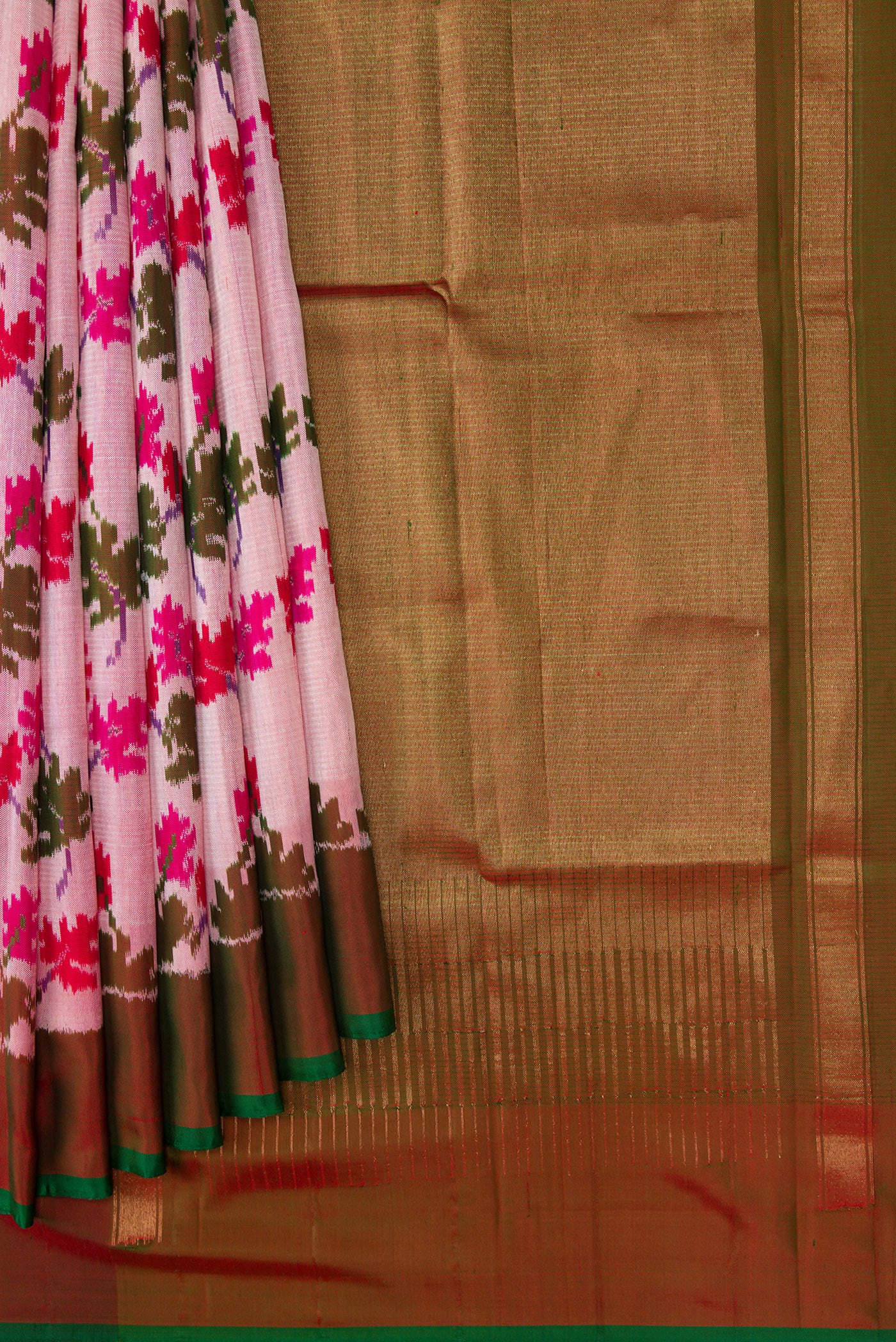 Pleats and pallu of Pink Dual Tone Double Ikat Saree with Ikat Print on the body and Zari Border. 