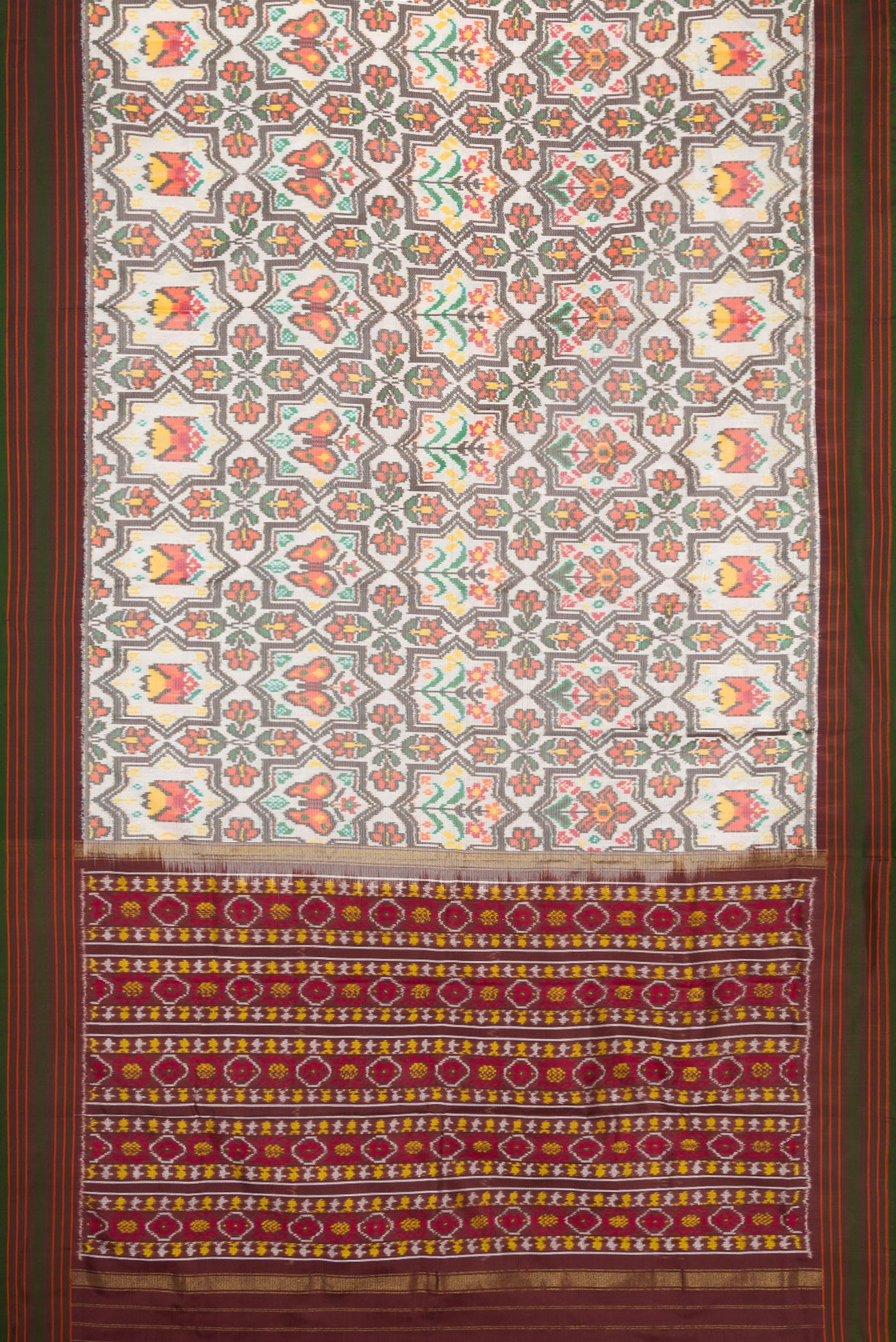 Flat view of Beige Dual Tone Double Ikat Saree with Ikat Print on the body and Thread Border. 