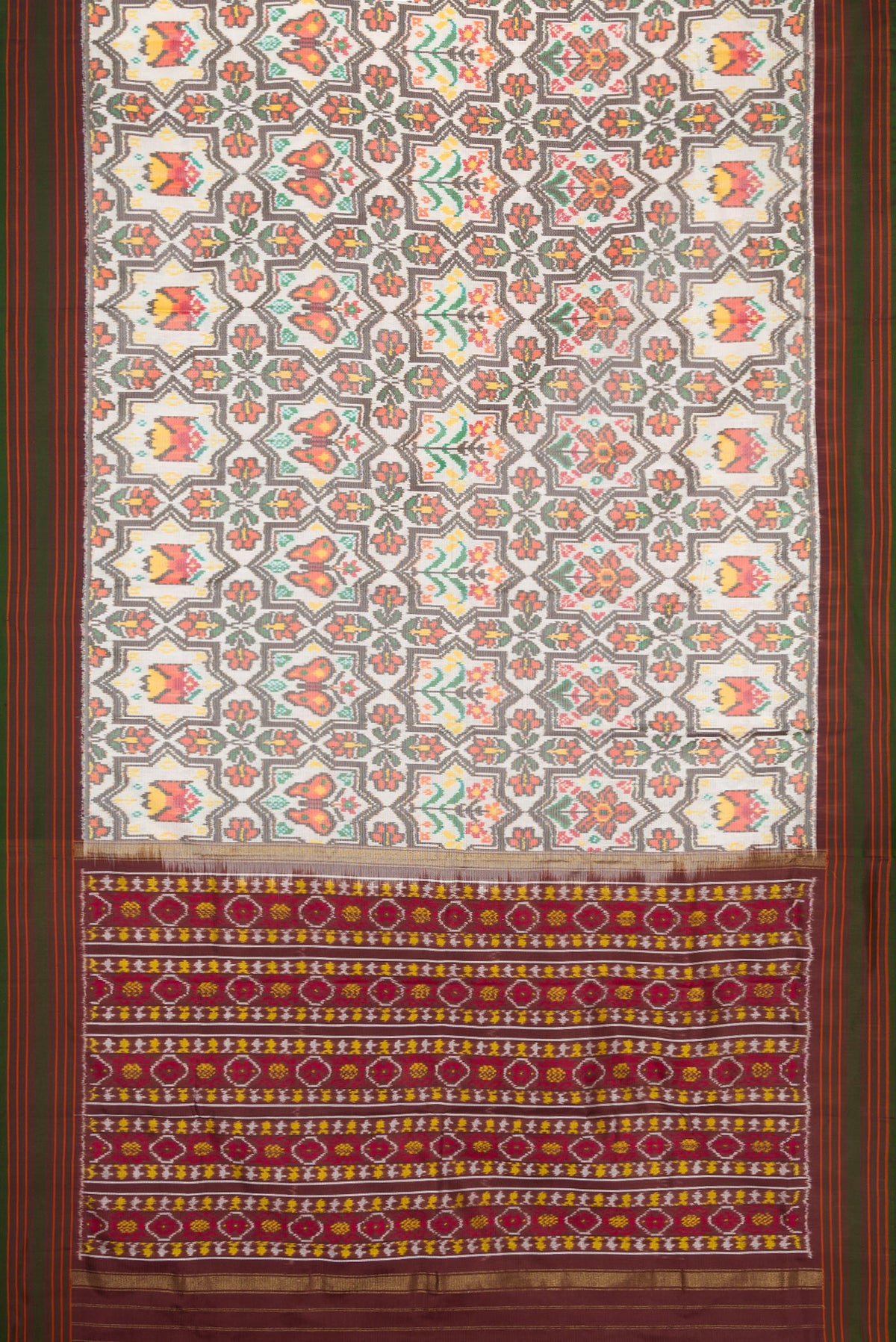 Flat view of Beige Dual Tone Double Ikat Saree with Ikat Print on the body and Thread Border. 