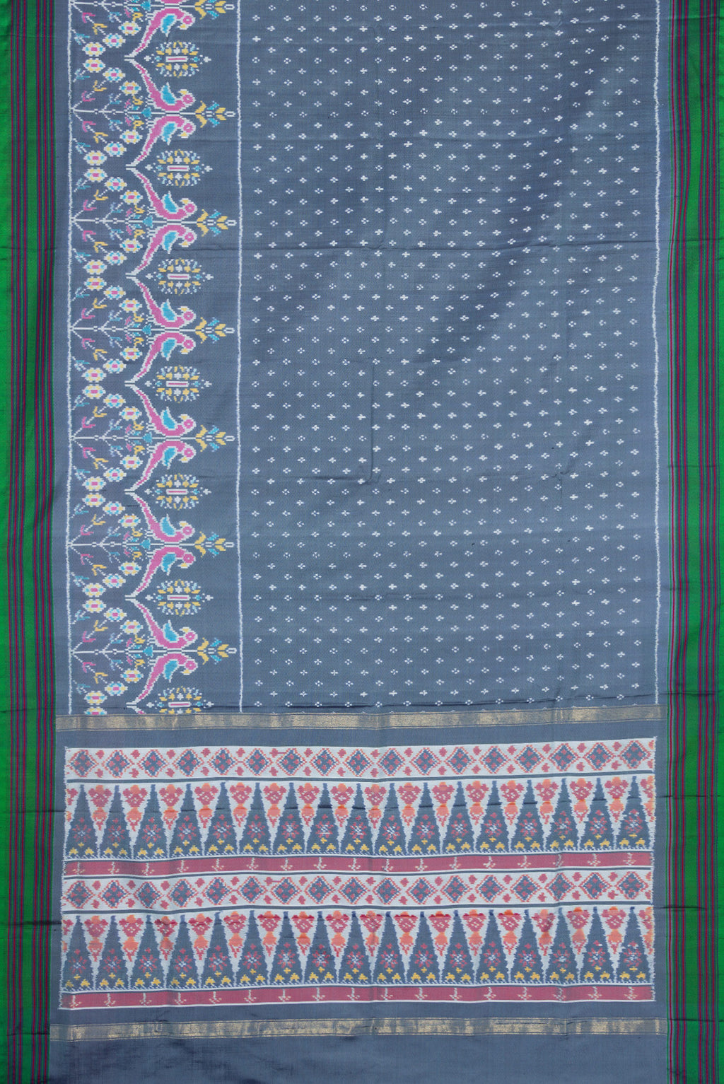 Flat view of Grey Dual Tone Double Ikat Saree with Ikat Print on the body and Ikat Border. 