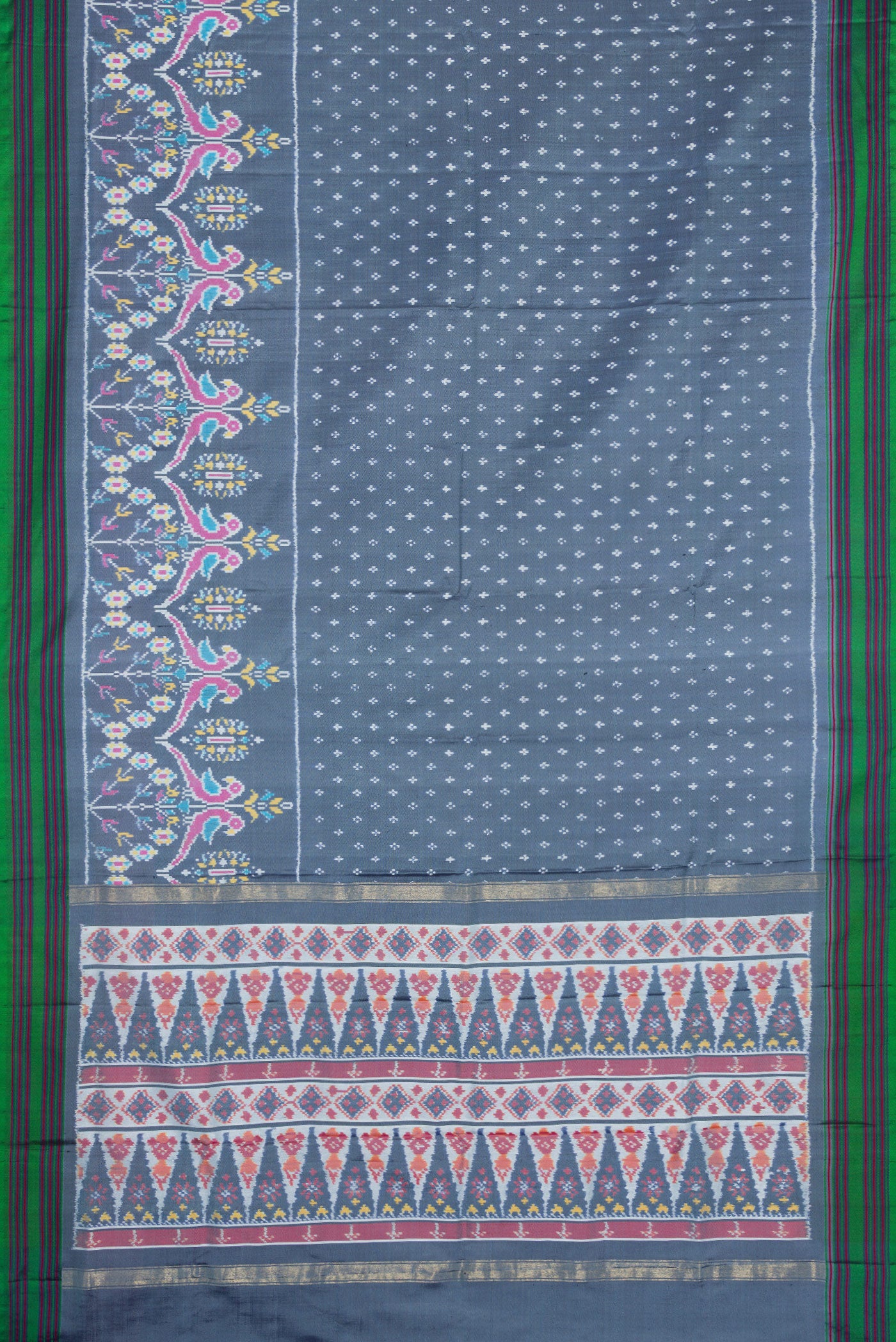Flat view of Grey Dual Tone Double Ikat Saree with Ikat Print on the body and Ikat Border. 